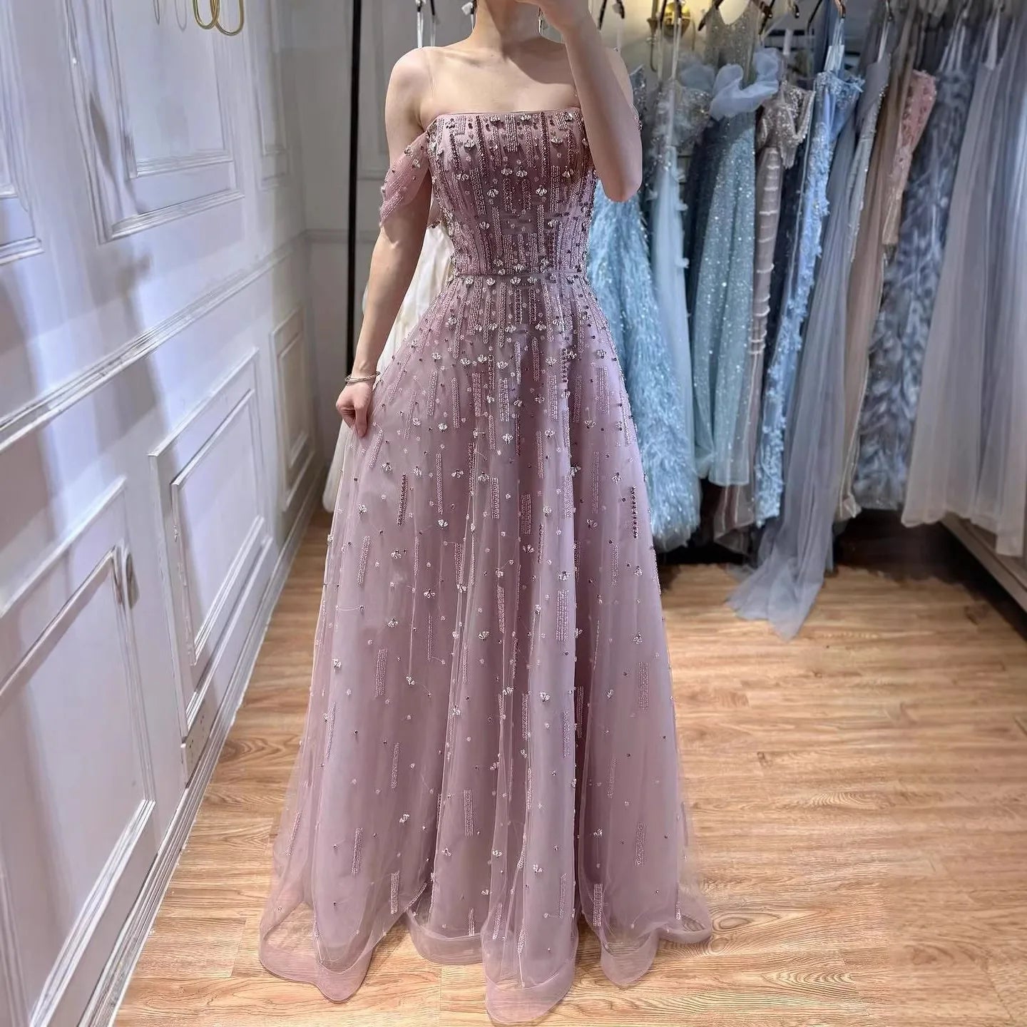 Serene Hill Caramel A-Line Beaded Evening Gown Off Shoulder Formal Party Prom Dress Robe de Soirée 2026 Customized DLA73326