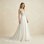 Women's Spaghetti Straps Deep V Backless Wedding Dresses Lace Appliques Chiffon Bridal Gown with Train Elegant Boho Bride Dress
