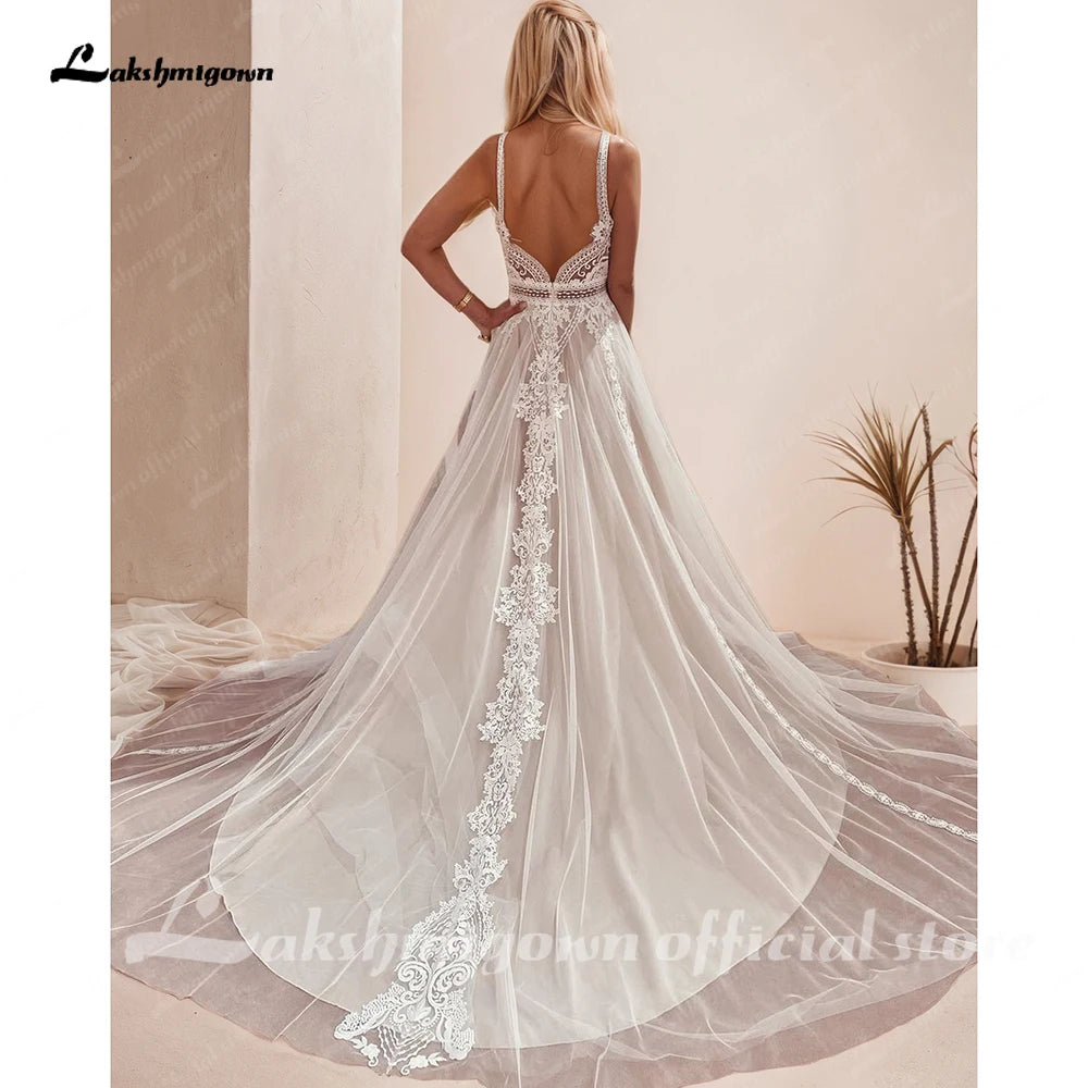 ZapDress Plunging V Bohemian Wedding Dress Customized Vestido Noiva Summer A Line Boho Wedding Gown V Neck Lace Open Back