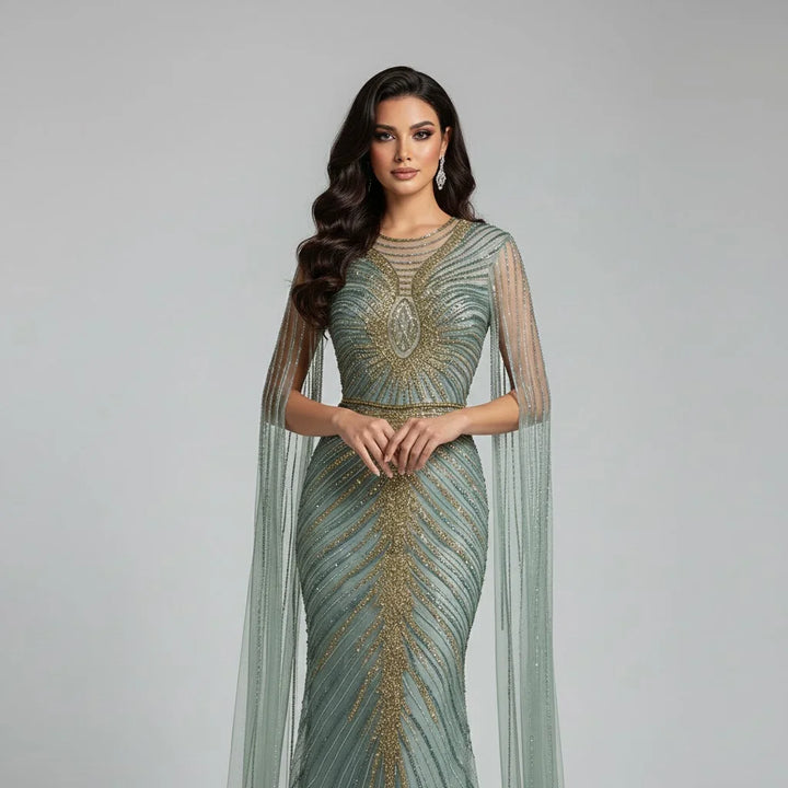 Serene Hill Luxury Beaded Mermaid Evening Dresses with Cape Sleeves Caramel Formal Party Gown for Women Customized DLA72940