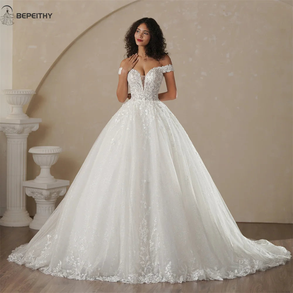 BEPEITHY Customized Off The Shoulder Lace Wedding Dresses For Women 2025 Glitter Bride Ivory Bridal Gown Vestidos De Novia Boda