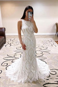 Sheath Lace Wedding Dress open Back Bridal Dress With Court Train WD590 by pgmdress