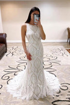 Sheath Lace Wedding Dress open Back Bridal Dress With Court Train WD590 by pgmdress