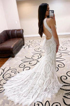 Sheath Lace Wedding Dress open Back Bridal Dress With Court Train WD590 by pgmdress