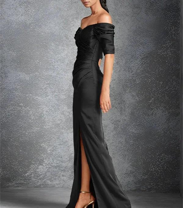 Sheath/Column Off-the-Shoulder Short Sleeves Floor-Length Mother of the Bride Dresses With Split Front by Dreamylily