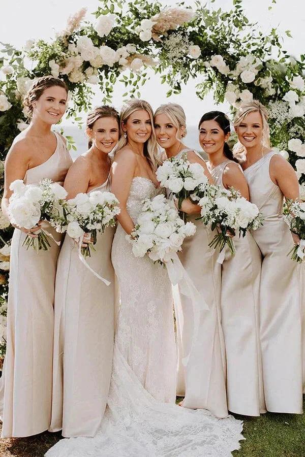Sheath One Shoulder Silver Satin Floor Length Bridesmaid Dress BD106 by pgmdress