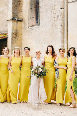 Vestido de dama de honor amarillo, largo hasta el suelo, con abertura en la espalda, BD140