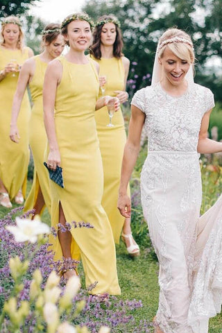 Vestido de dama de honor amarillo, largo hasta el suelo, con abertura en la espalda, BD140