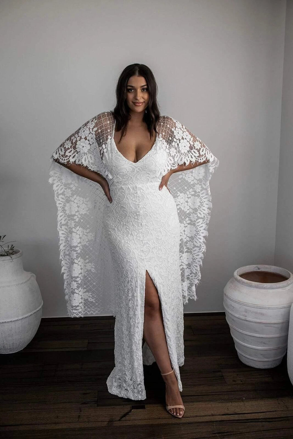 Sheath Scoop Backless Lace Wedding Dress with Split Wraps WD247 by pgmdress