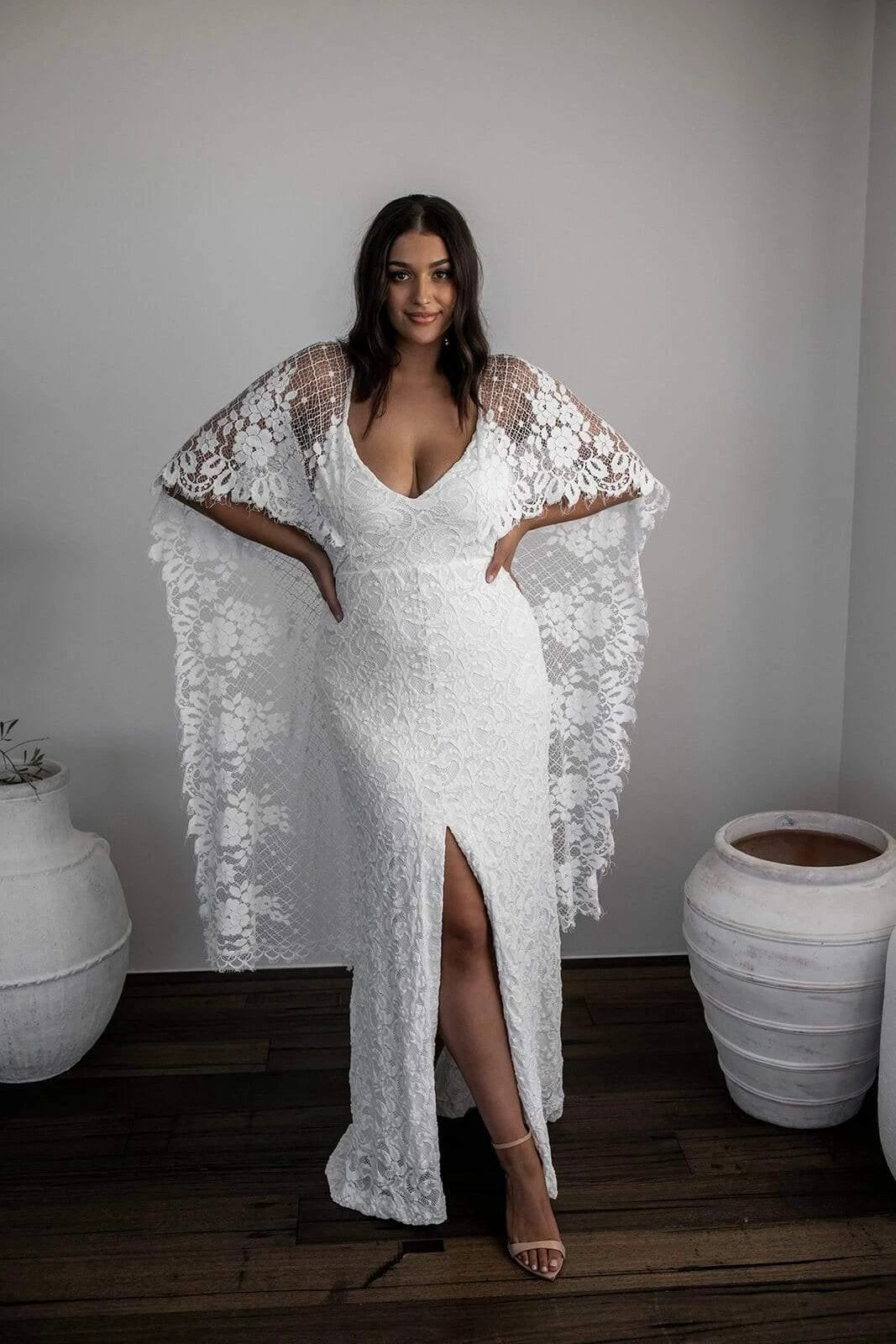 Sheath Scoop Backless Lace Wedding Dress with Split Wraps WD247 by pgmdress
