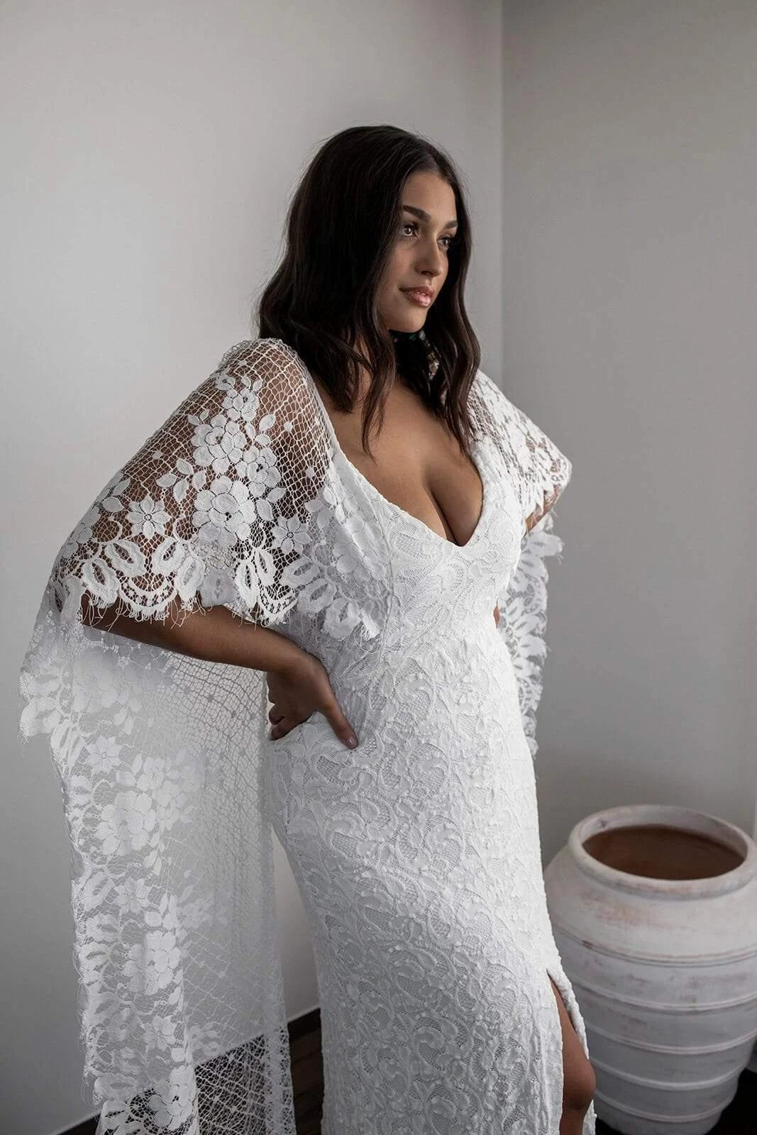 Sheath Scoop Backless Lace Wedding Dress with Split Wraps WD247 by pgmdress