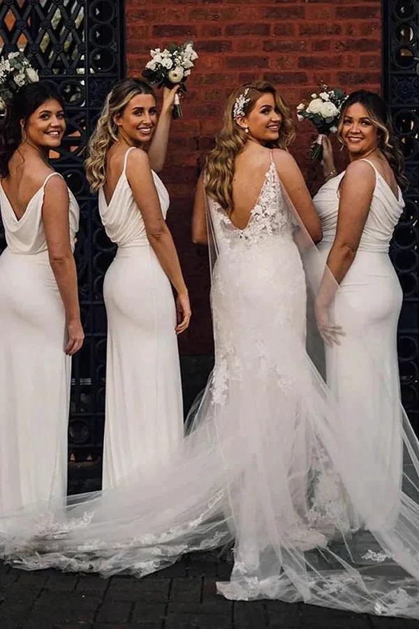 Sheath Spaghetti Strap Draped Long Bridesmaid Dress BD130 by pgmdress