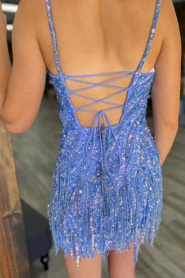 Sheath Spaghetti Straps Gold Homecoming Dress with Tassel PD569 by pgmdress