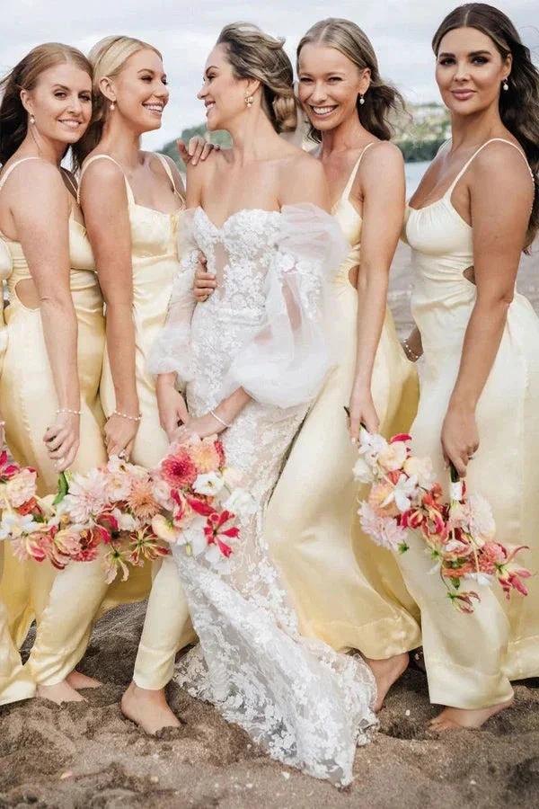 Sheath Spaghetti Straps Long Yellow Bridesmaid Dress BD132 by pgmdress