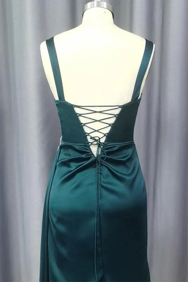 Vestido de fiesta de satén con escote corazón, sin mangas, cola larga y plisado PSK403