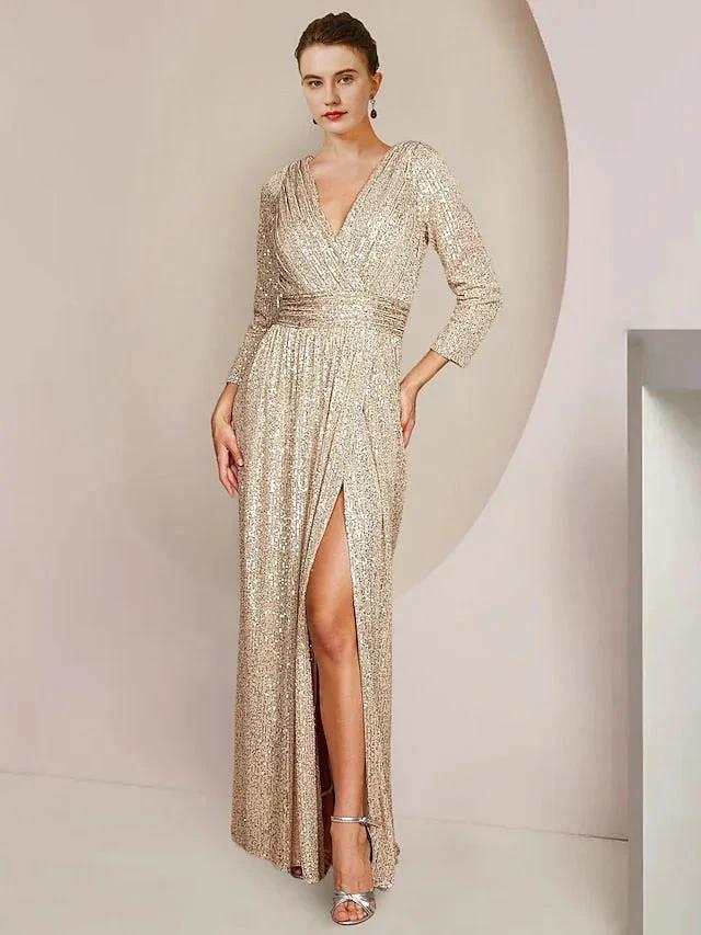 Sheath/Column V-Neck Floor-Length Mother of the Bride Dresses by Dreamylily
