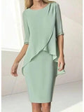 Sheath/Column Jewel Neck Knee-Length Half Sleeve Mother of the Bride Dresses with Beading Ruching by Dreamylily