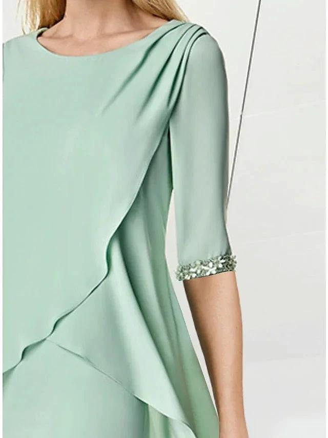 Sheath/Column Jewel Neck Knee-Length Half Sleeve Mother of the Bride Dresses with Beading Ruching by Dreamylily