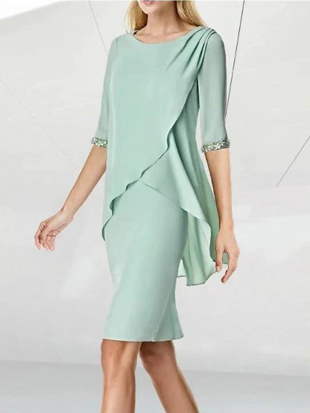 Sheath/Column Jewel Neck Knee-Length Half Sleeve Mother of the Bride Dresses with Beading Ruching by Dreamylily