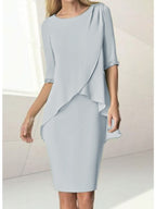 Sheath/Column Jewel Neck Knee-Length Half Sleeve Mother of the Bride Dresses with Beading Ruching