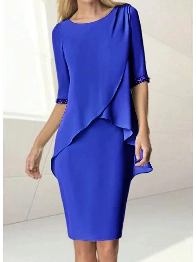Sheath/Column Jewel Neck Knee-Length Half Sleeve Mother of the Bride Dresses with Beading Ruching by Dreamylily