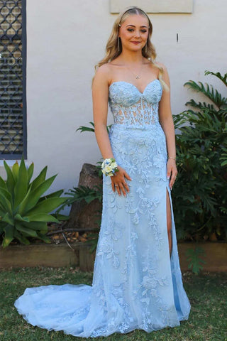 Vestido de fiesta largo con corsé negro, sin tirantes y encaje, con abertura PSK605