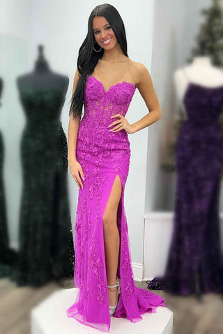 Vestido de fiesta largo con corsé negro, sin tirantes y encaje, con abertura PSK605