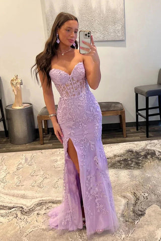 Vestido de fiesta largo con corsé negro, sin tirantes y encaje, con abertura PSK605