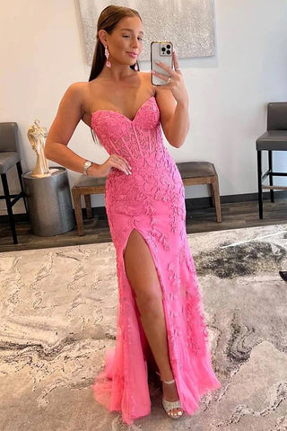 Vestido de fiesta largo con corsé negro, sin tirantes y encaje, con abertura PSK605
