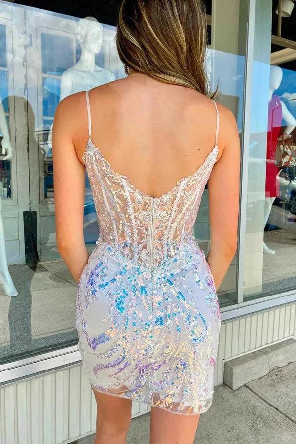 Sheath Spaghetti Straps Mini Homecoming Dress with Sequins PD554 by pgmdress