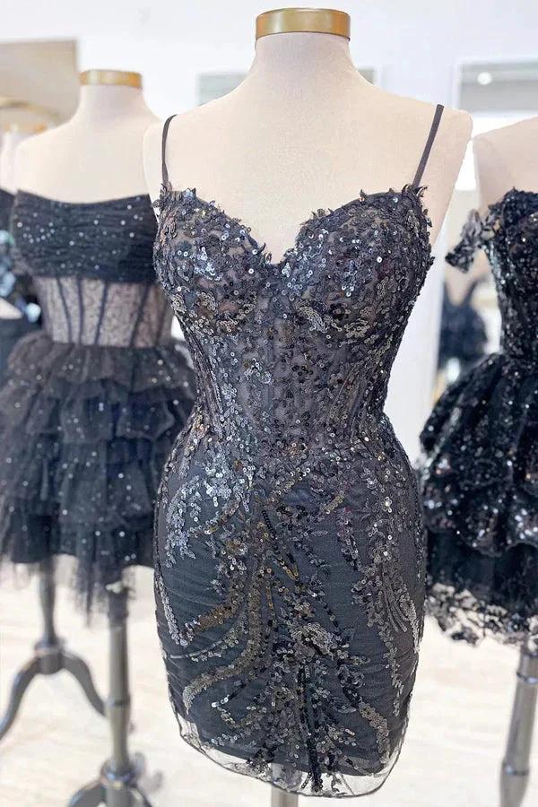 Sheath Spaghetti Straps Mini Homecoming Dress with Sequins PD554 by pgmdress