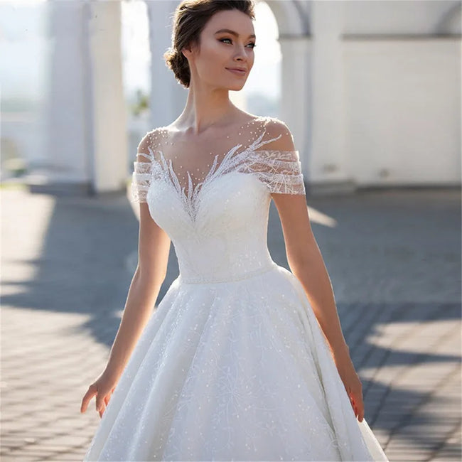 Shiny Off The Shoulder 2023 Wedding Dress For Bride Elegant Glitter Lace A-Line Bridal Gown Illusion Pleats Robe De Mariée Hover Image