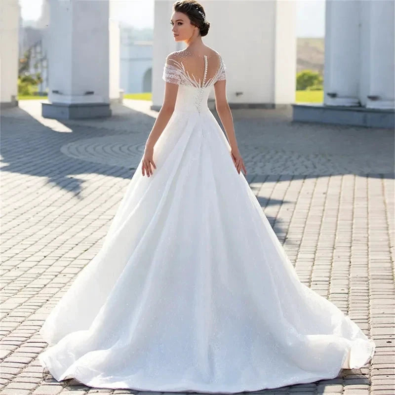 Shiny Off The Shoulder 2023 Wedding Dress For Bride Elegant Glitter Lace A-Line Bridal Gown Illusion Pleats Robe De Mariée by payinti