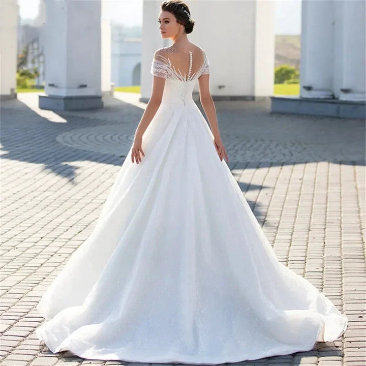 Shiny Off The Shoulder 2023 Wedding Dress For Bride Elegant Glitter Lace A-Line Bridal Gown Illusion Pleats Robe De Mariée by payinti