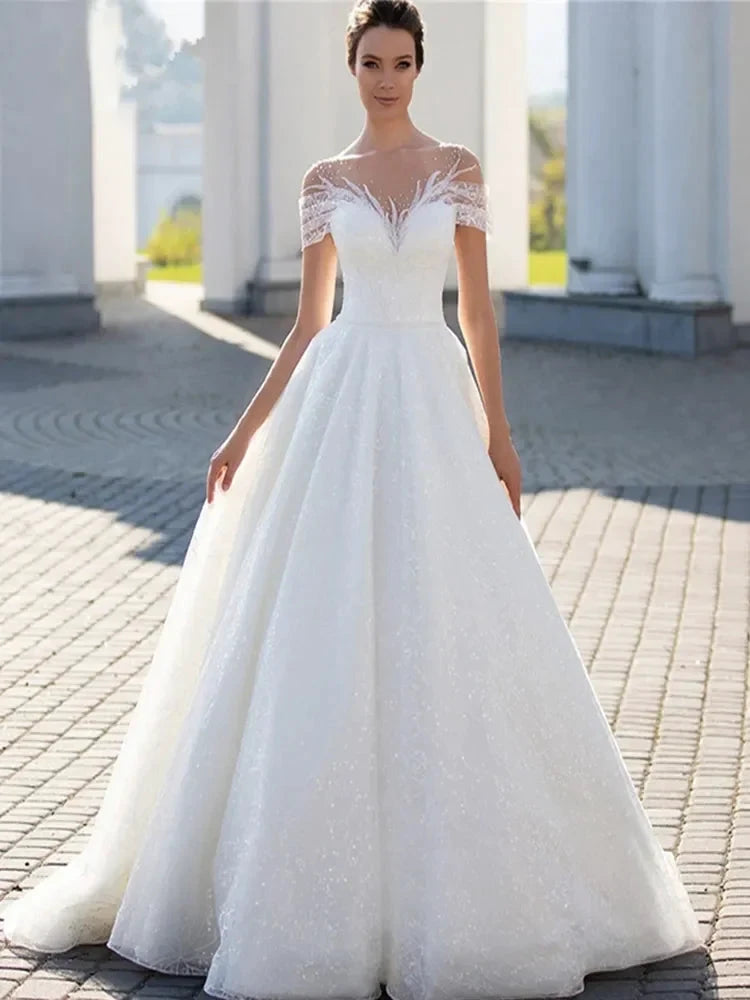 Shiny Off The Shoulder 2023 Wedding Dress For Bride Elegant Glitter Lace A-Line Bridal Gown Illusion Pleats Robe De Mariée by payinti
