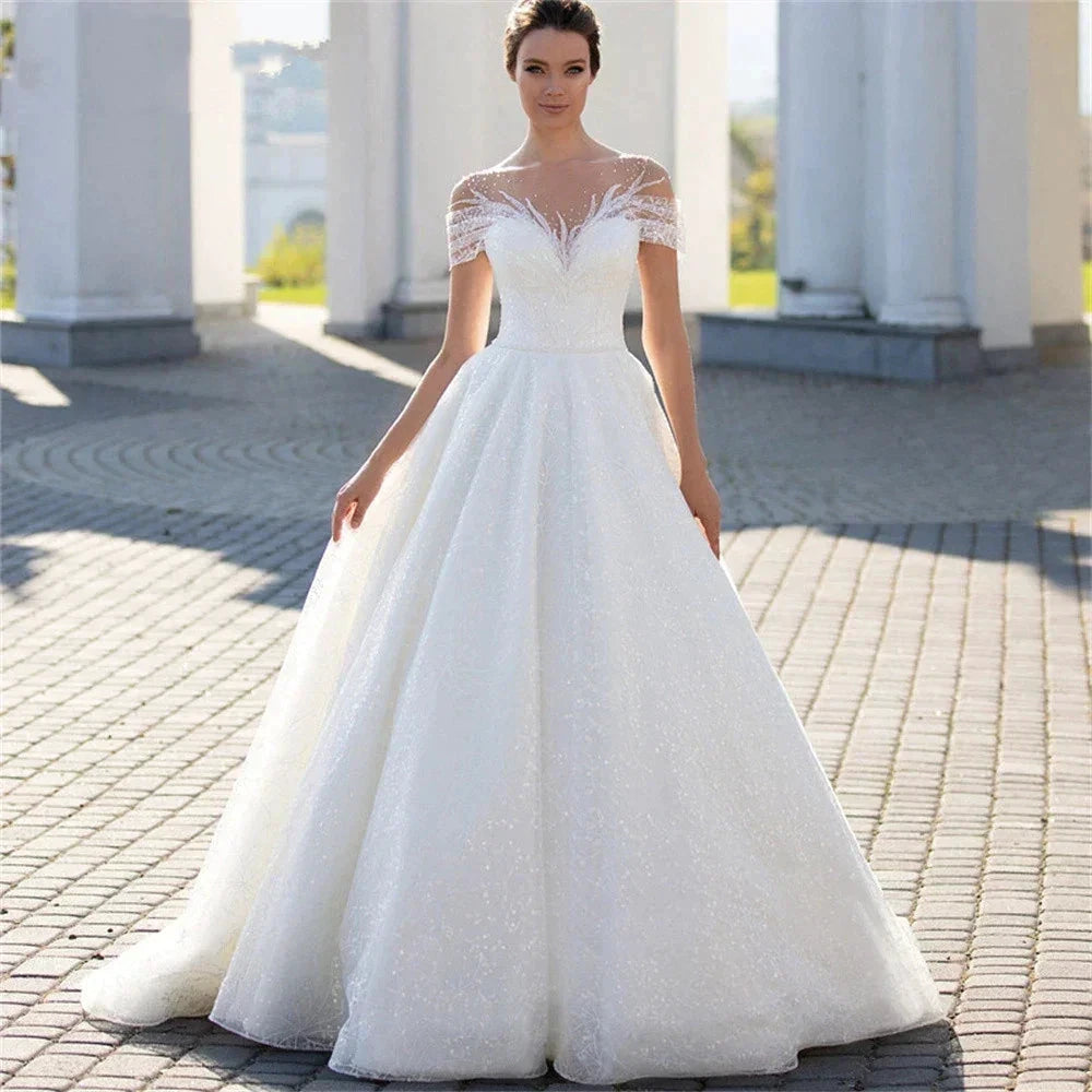Shiny Off The Shoulder Wedding Dress For Bride Fashion Glitter Lace A-Line Bridal Gowns Floor Length Custom Made Gillter by payinti
