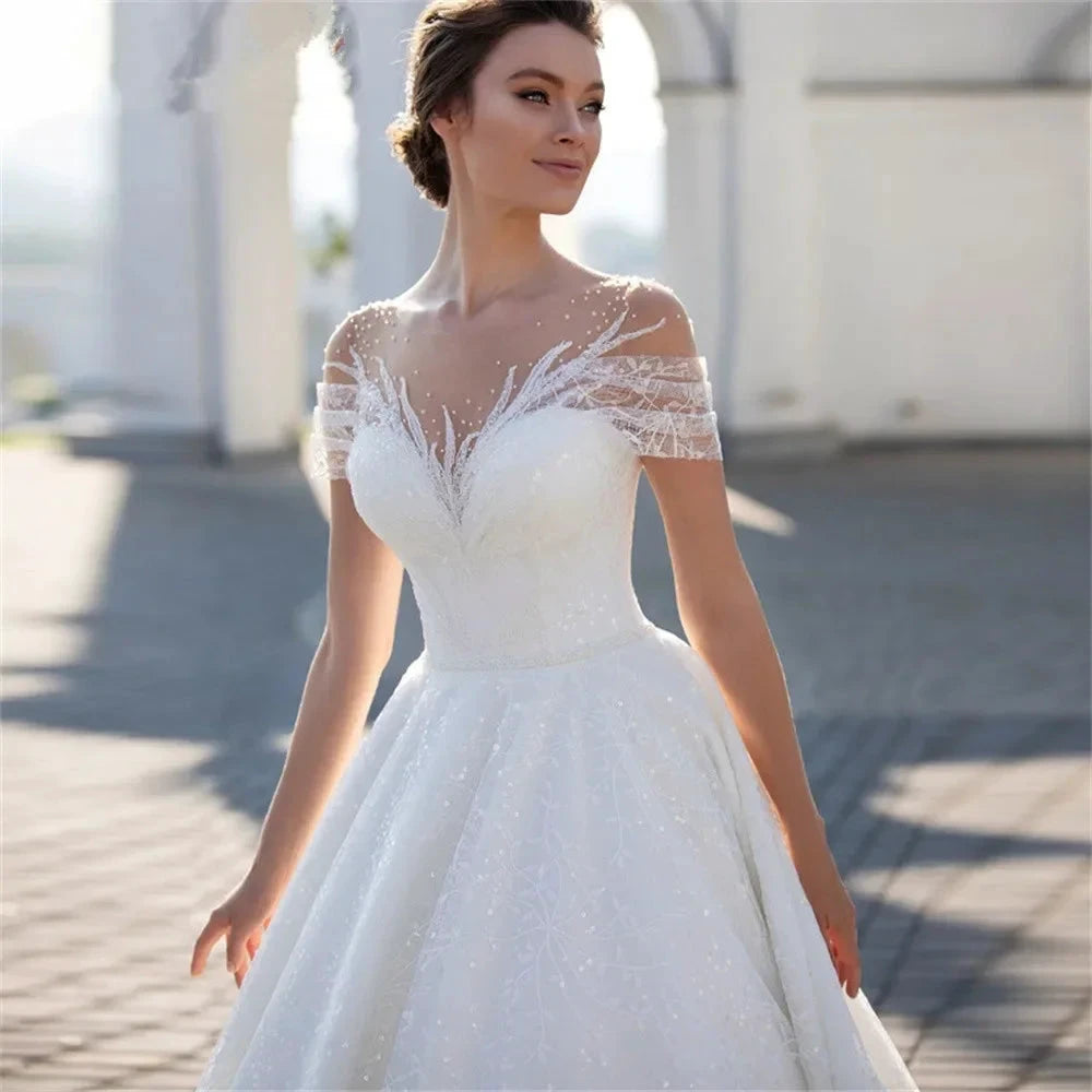 Shiny Off The Shoulder Wedding Dress For Bride Fashion Glitter Lace A-Line Bridal Gowns Floor Length Custom Made Gillter by payinti