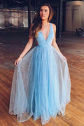 Shiny Light Blue V Neck Long Tulle Prom Dress For Teens PSK358 by pgmdress