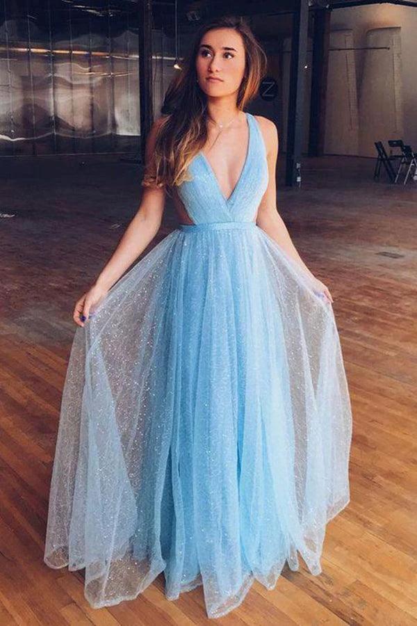 Shiny Light Blue V Neck Long Tulle Prom Dress For Teens PSK358 by pgmdress