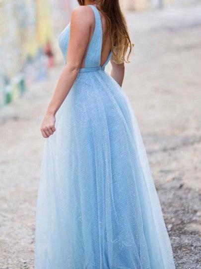Shiny Light Blue V Neck Long Tulle Prom Dress For Teens PSK358 by pgmdress