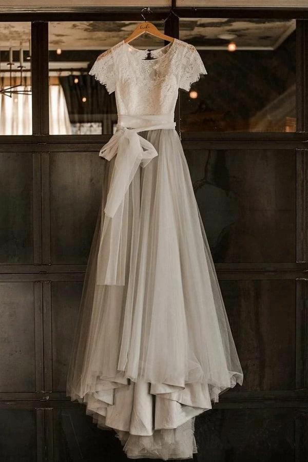 Short Sleeve Lace and Tulle Silver Wedding Dresses with Sash WD386 by pgmdress