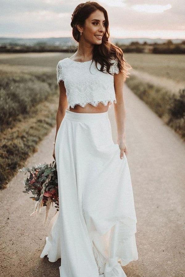 Short Sleeves Two-Piece Wedding Dresses with Lace Separates WD601 by pgmdress