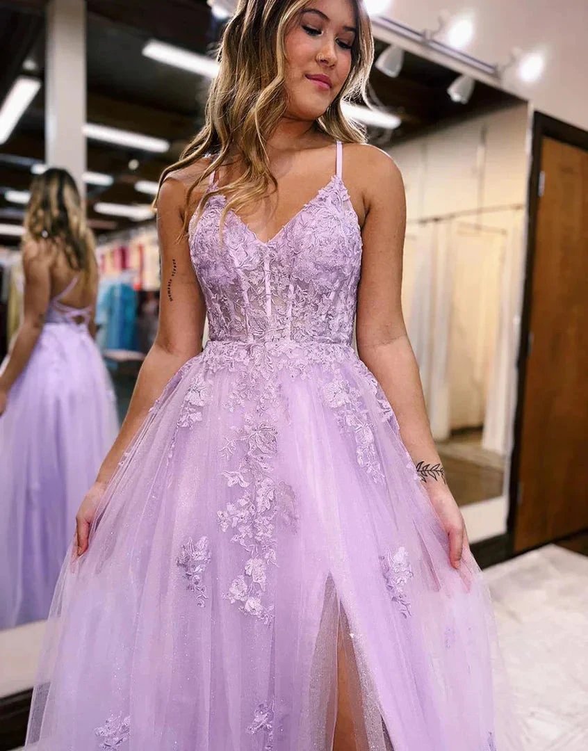 Tulle Spaghetti Strap Side Slit Lace Prom Dresses SYP158 by vivymakudress