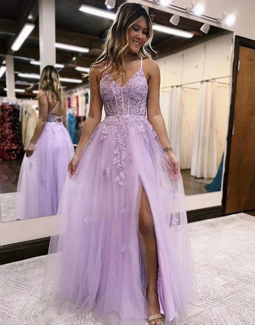 Tulle Spaghetti Strap Side Slit Lace Prom Dresses SYP158 by vivymakudress