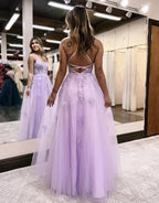 Tulle Spaghetti Strap Side Slit Lace Prom Dresses SYP158 by vivymakudress