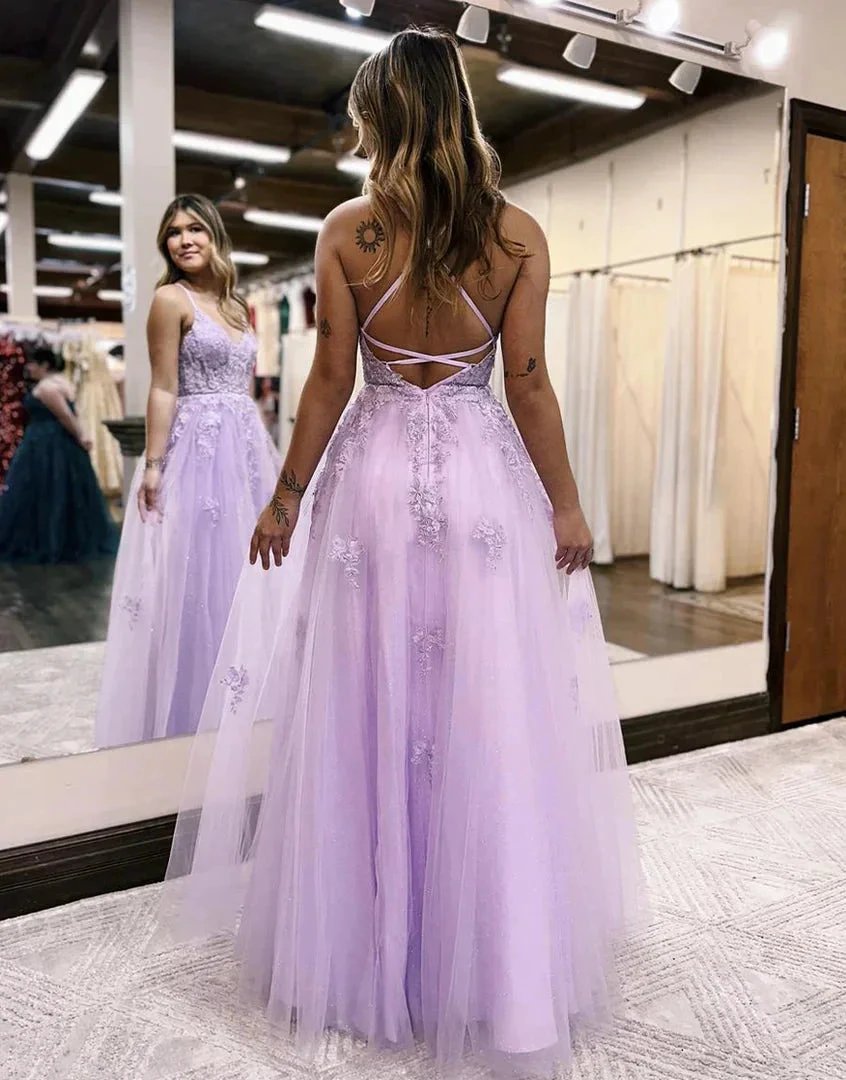Tulle Spaghetti Strap Side Slit Lace Prom Dresses SYP158 by vivymakudress