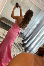 Off Shoulder Pink Satin Prom Dresses With Slit SYP90 by vivymakudress