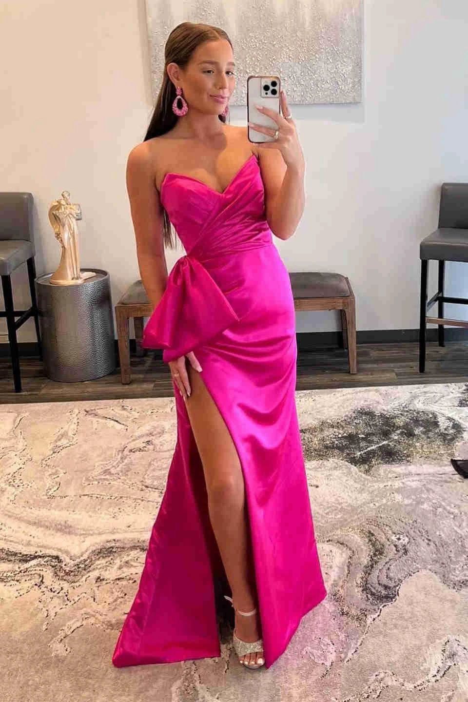 Off Shoulder Pink Satin Prom Dresses With Slit SYP90 by vivymakudress