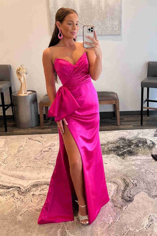 Vestidos de fiesta de satén rosa con hombros descubiertos y abertura SYP90