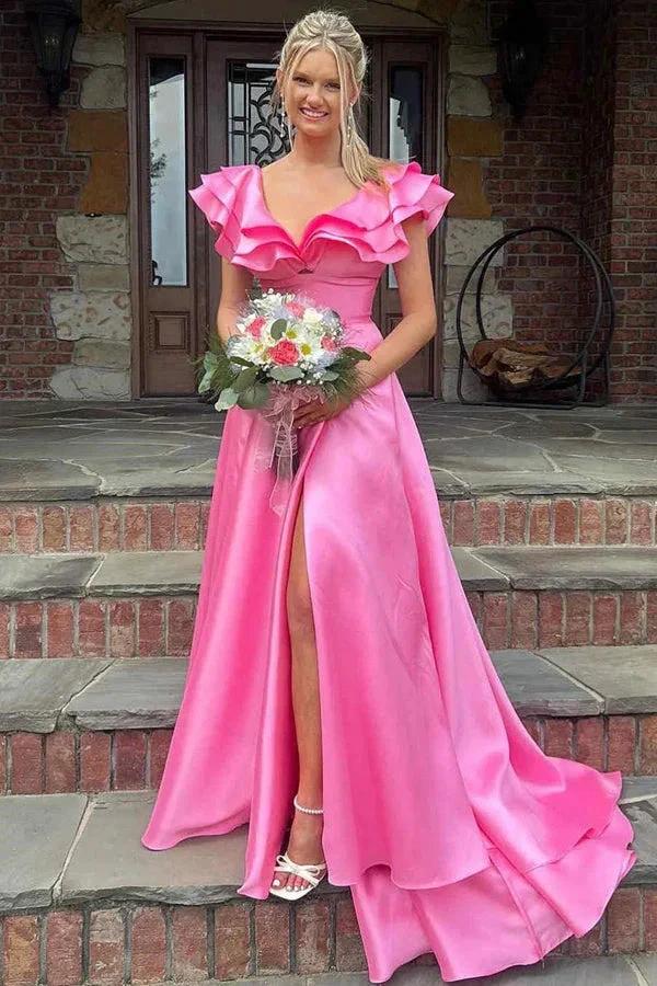 Silky Satin V Neck Ruffles Hot Pink Prom Dresses Formal Dresses PSK542 by pgmdress